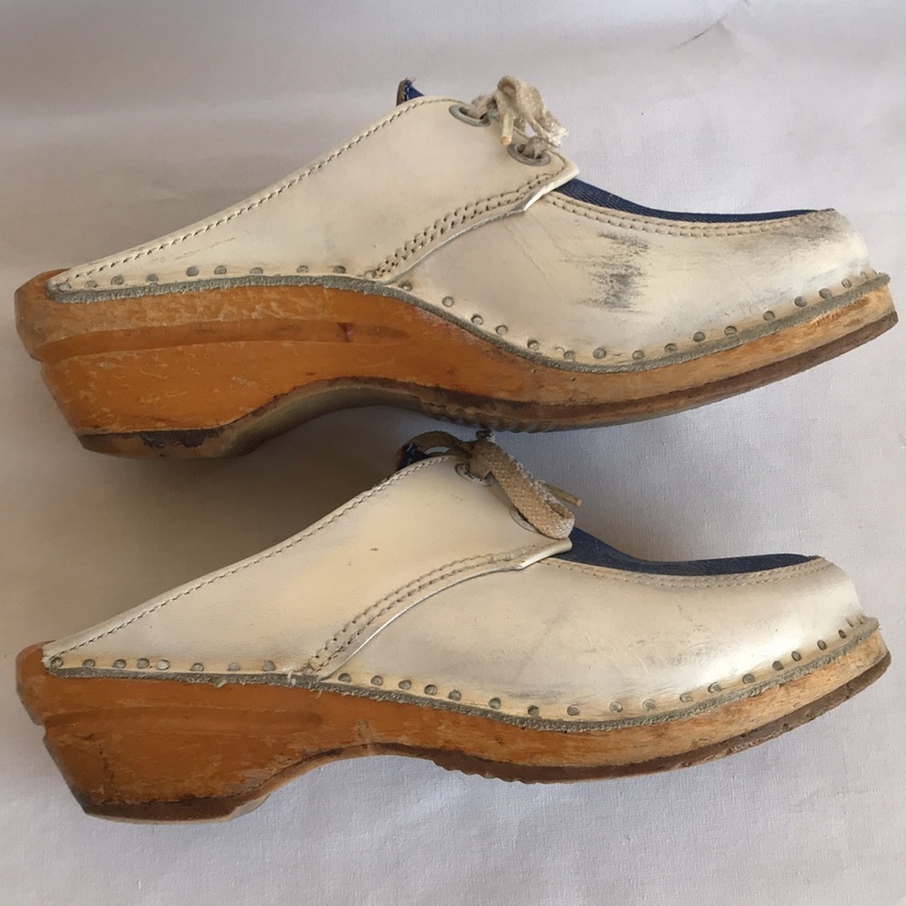 Vintage cream and denim wood-based clogs, size 6.5 - Picture 6 of 7